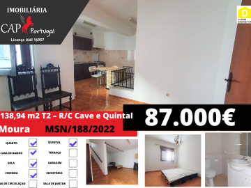 CAPPORTUGAL - Vende-se em Moura - Beja - Portugal –T2 - R/C com Cave e Quintal